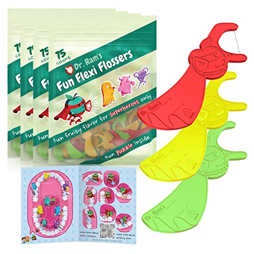 Dr Rams Fun Flexi Flossers for Kids 300 Count Kids Dental Floss AntiOuch Shape with Puzzle and Game Light Citrus Fruit Scent Kid Floss